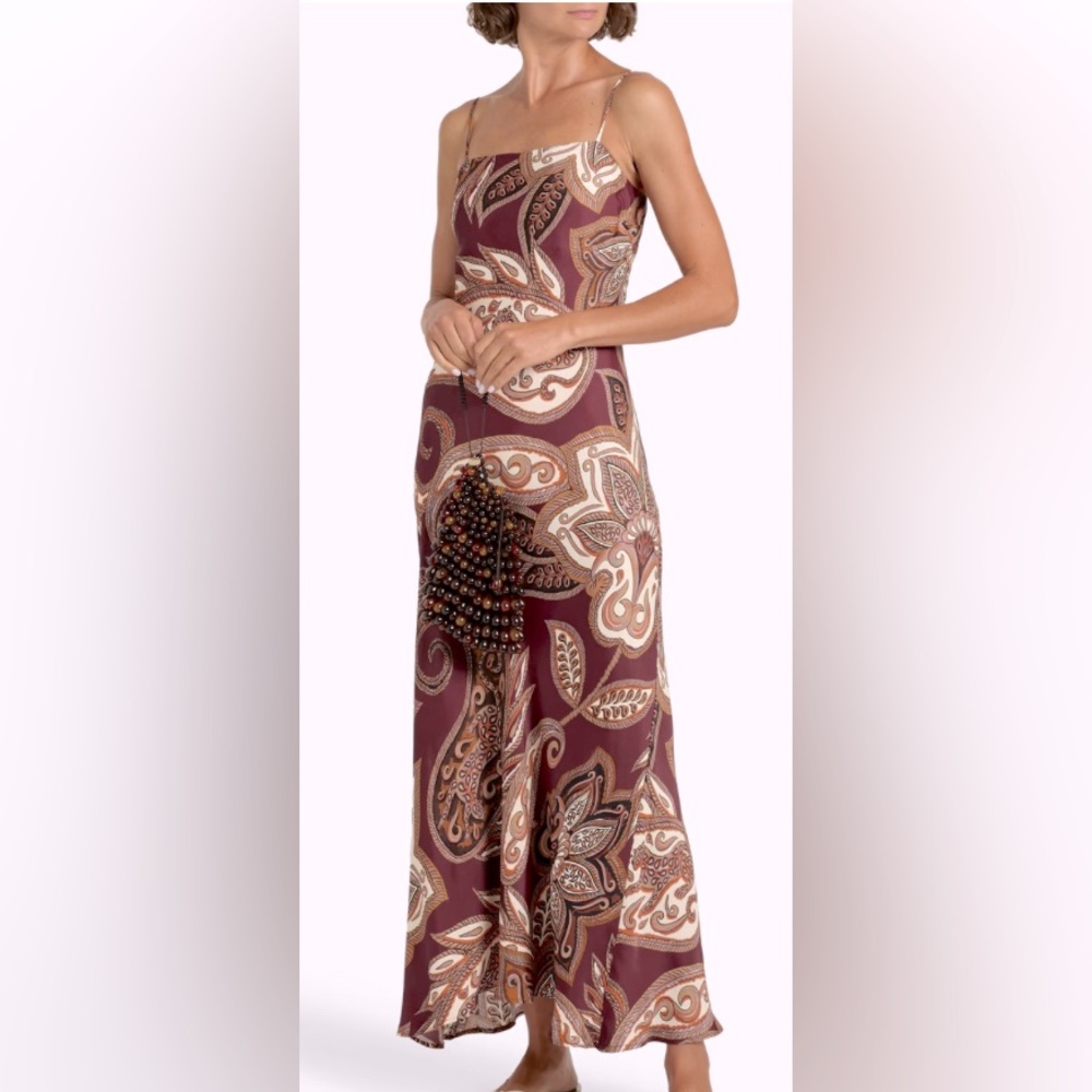 FARM Rio Large burgundy Paisley Maxi Dress/ CREPE DE CHINE FABRIC: L - Picture 2 of 9